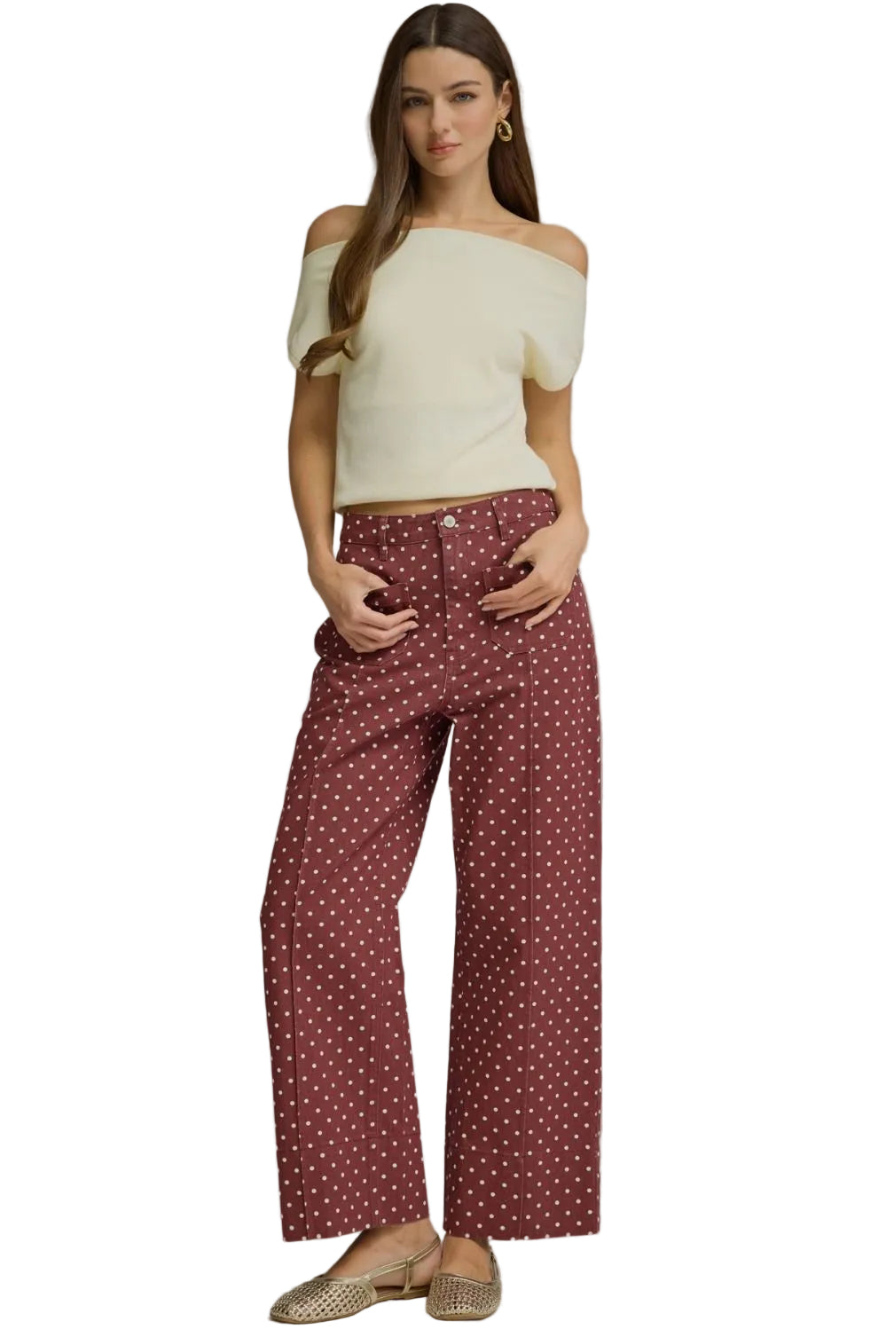 Entro Women's Burgundy Polka Dot Wide Leg Pants 