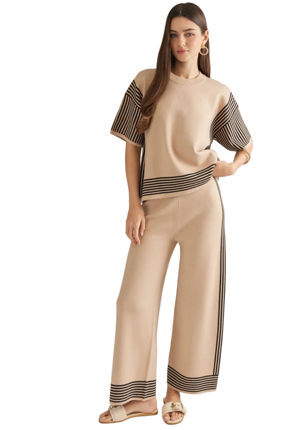 Entro Women's Black/Taupe Striped Wide Leg Pants 