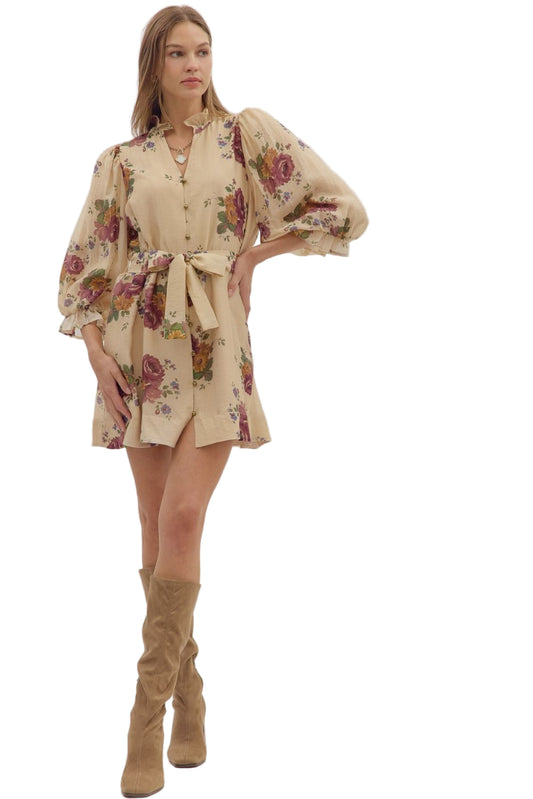 Women's Entro Floral Print Puff 3/4 Sleeve Mini Dress D29058
