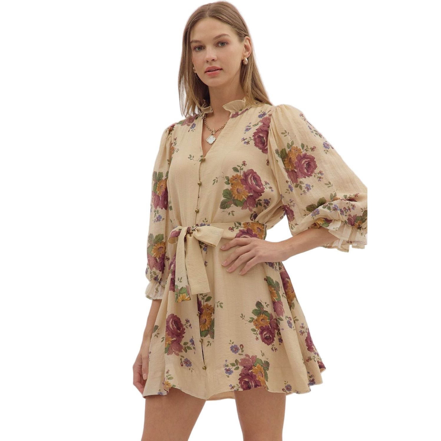 Women's Entro Floral Print Puff 3/4 Sleeve Mini Dress D29058