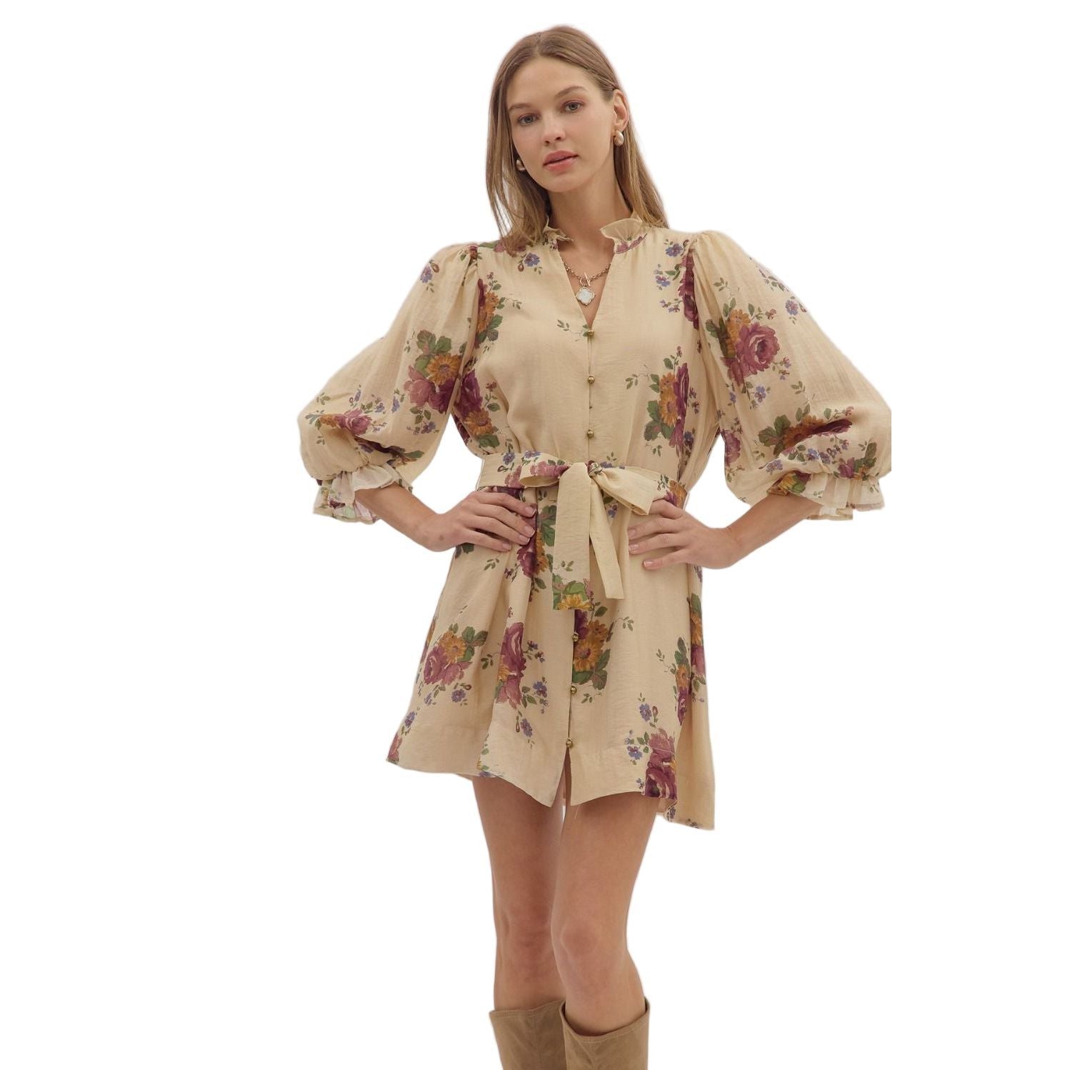 Women's Entro Floral Print Puff 3/4 Sleeve Mini Dress D29058 Crazy House Western Wear Women's Entro Floral Print Puff 3/4 Sleeve Mini Dress D29058 Crazy House Western Wear