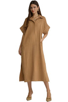 Entro Women's Camel Solid Short Sleeve Midi Dress