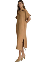 Entro Women's Camel Solid Short Sleeve Midi Dress
