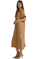 Entro Women's Camel Solid Short Sleeve Midi Dress