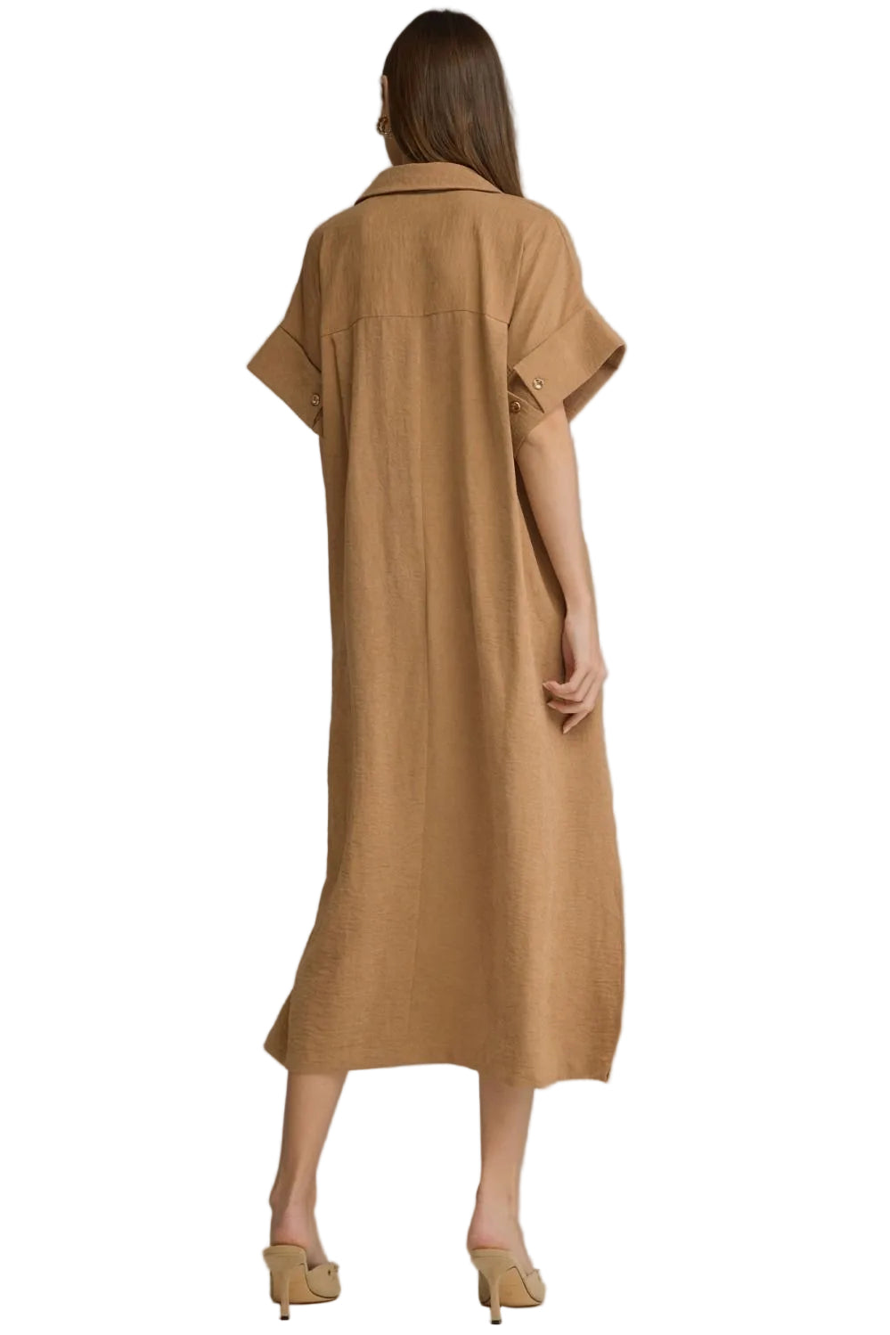 Entro Women's Camel Solid Short Sleeve Midi Dress
