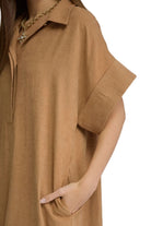 Entro Women's Camel Solid Short Sleeve Midi Dress