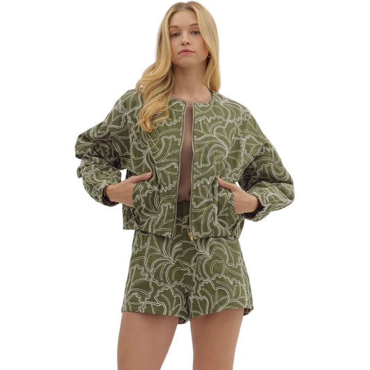 Women's Entro Textured Long Sleeve Zip Up Olive Jacket J27996