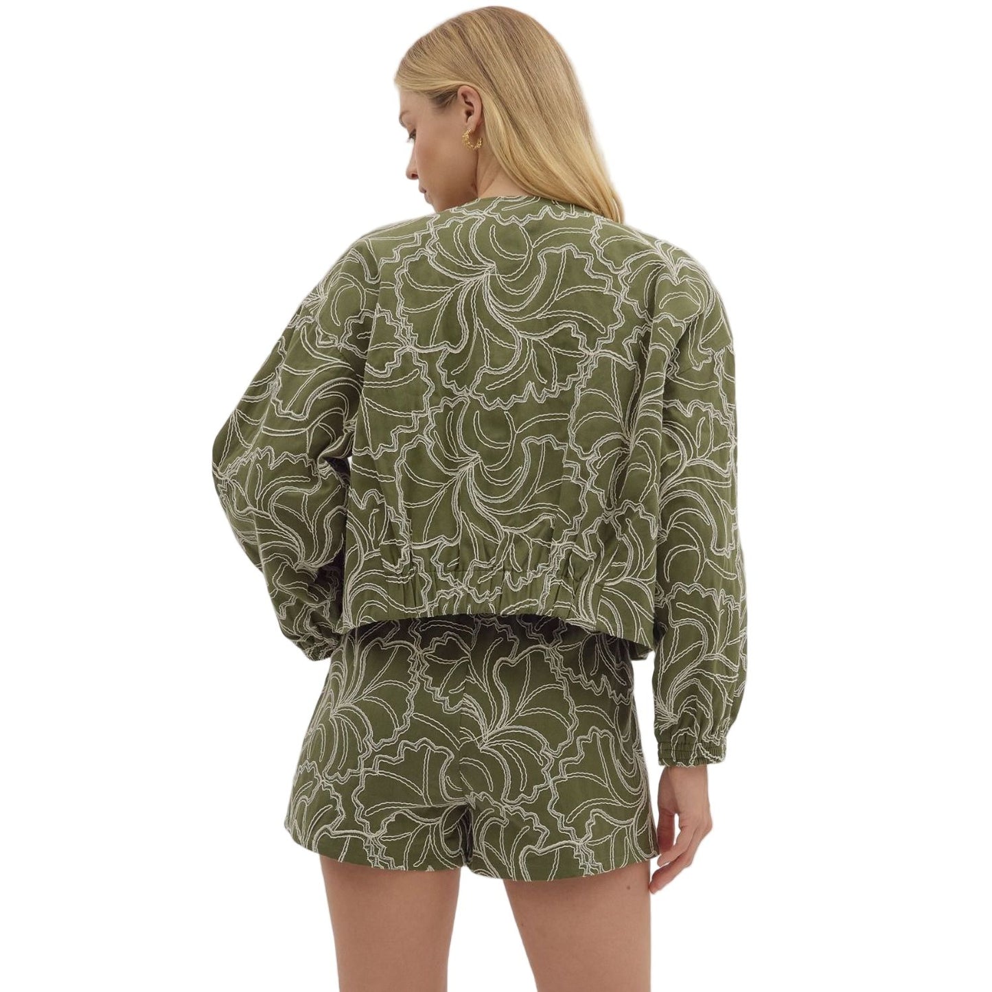 Women's Entro Textured Long Sleeve Zip Up Olive Jacket J27996