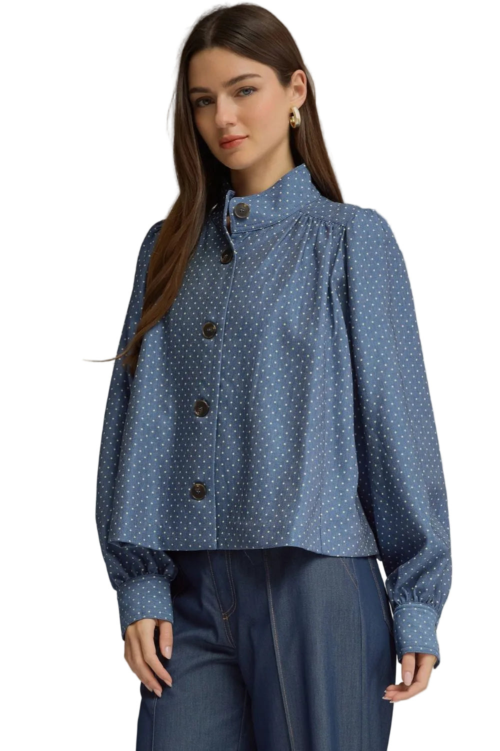 Entro Women's Denim Polka Dot Long Sleeve Jacket 
