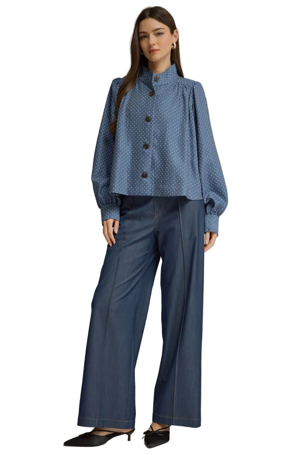 Entro Women's Denim Polka Dot Long Sleeve Jacket 
