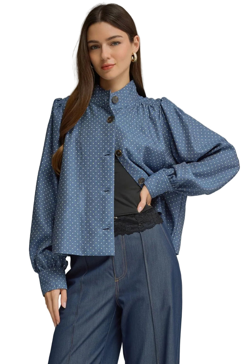 Entro Women's Denim Polka Dot Long Sleeve Jacket 