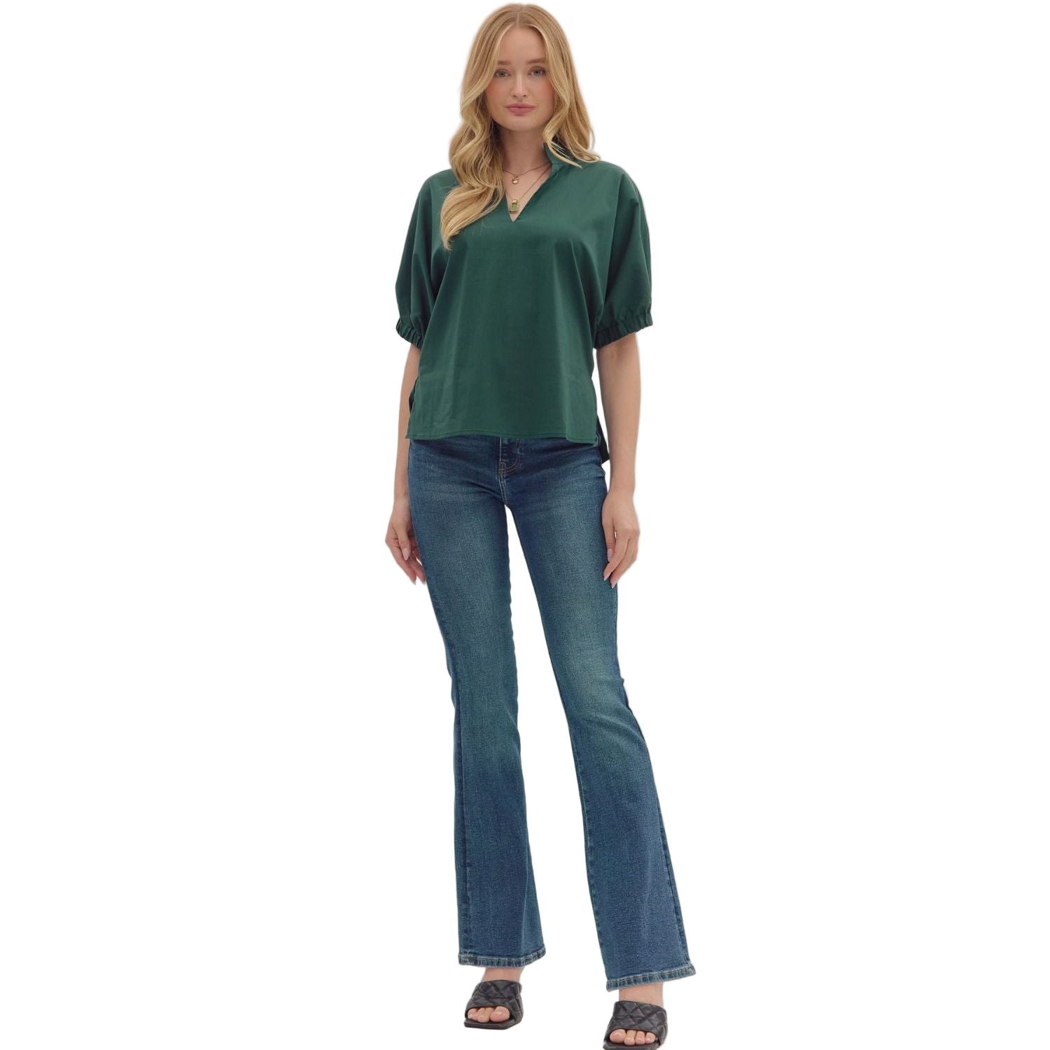 Women's Entro Hunter Green Puff Sleeve V-neck Top 