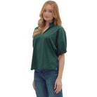 Women's Entro Hunter Green Puff Sleeve V-neck Top 