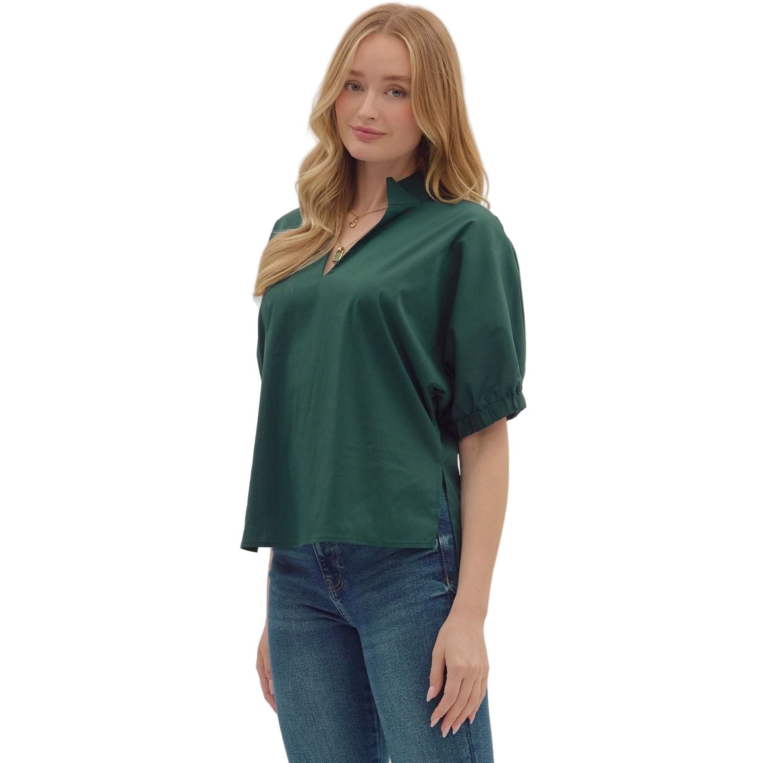 Women's Entro Hunter Green Puff Sleeve V-neck Top 