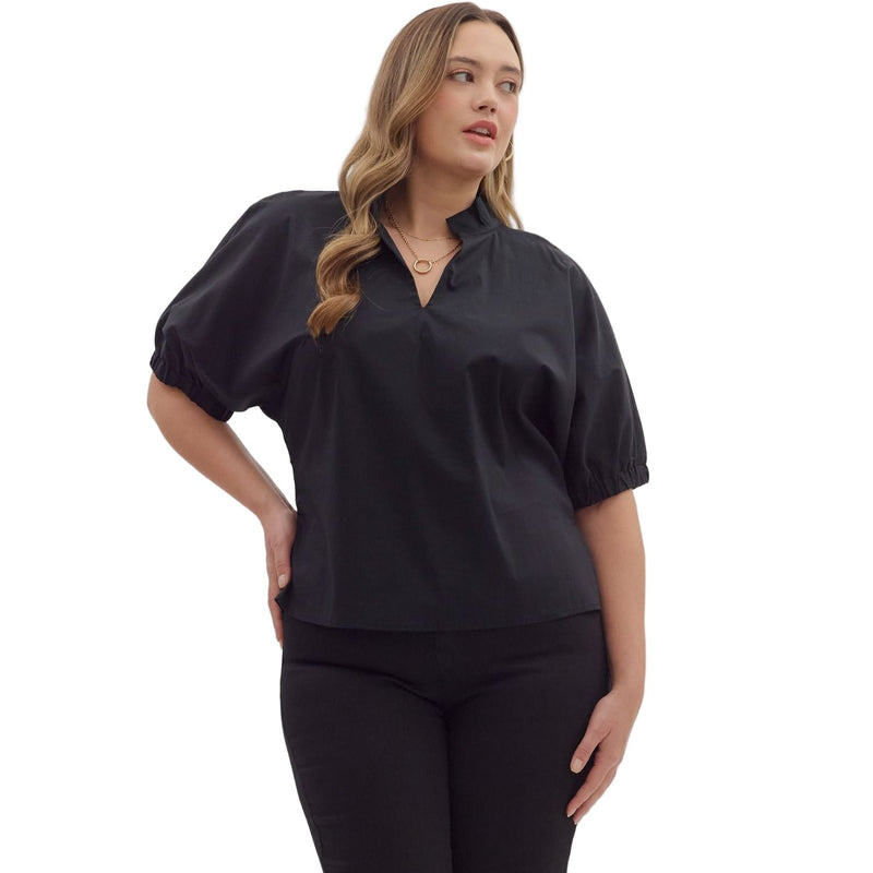 Women's Entro Black Solid Puff Sleeve V-neck Blouse