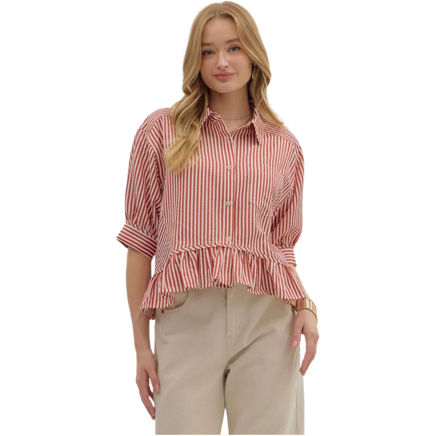 Women's Entro Stripe Patterned Ruffle Blouse T27230 - Crazy House Western Wear