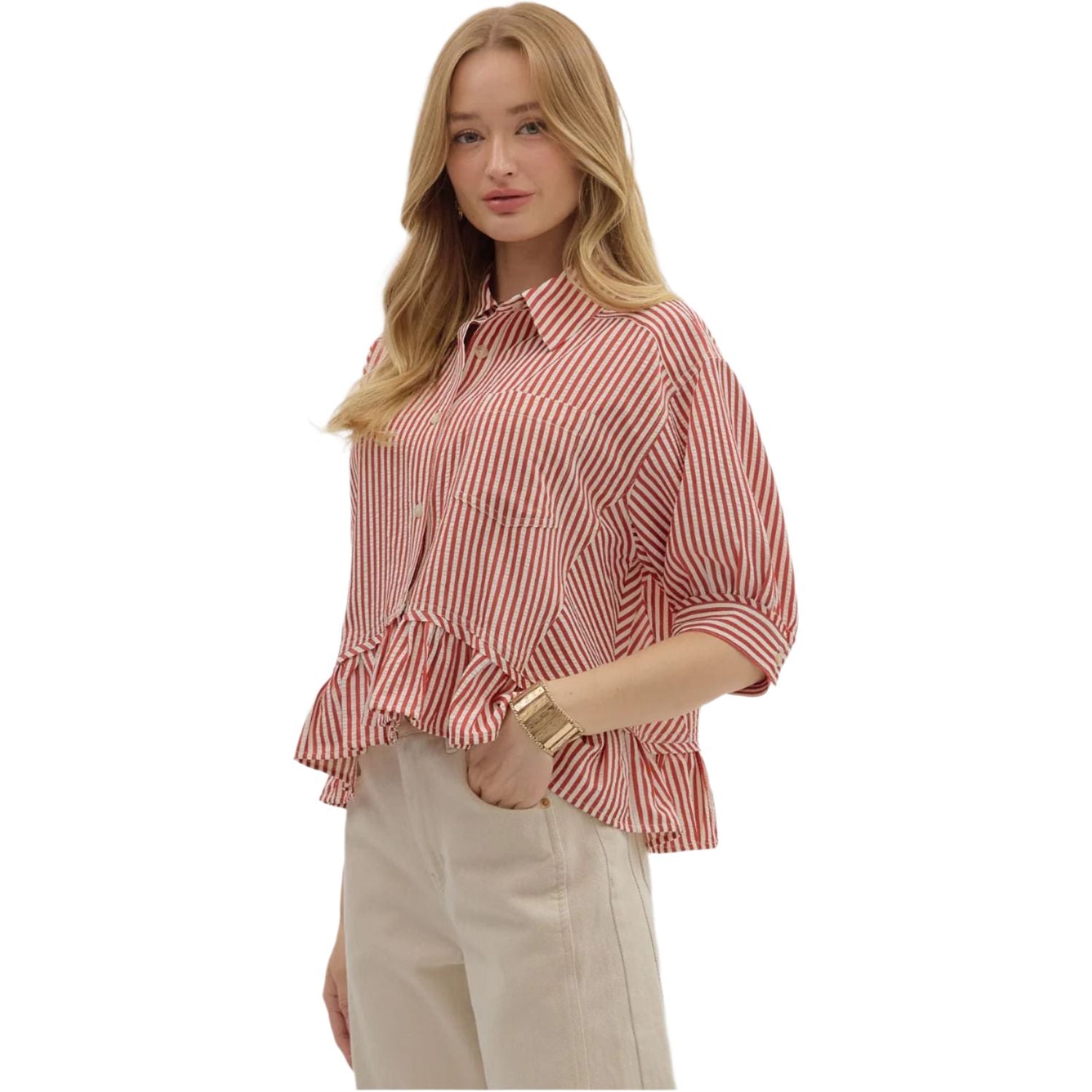 Women's Entro Stripe Patterned Ruffle Blouse T27230 - Crazy House Western Wear