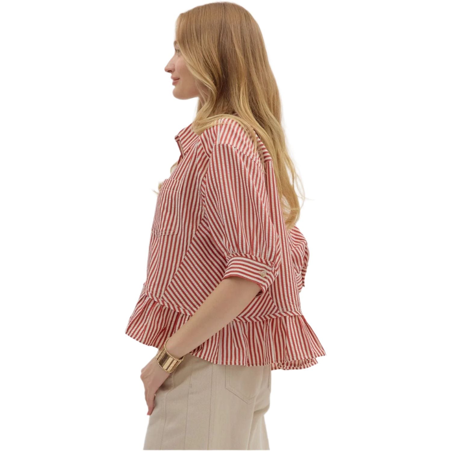 Women's Entro Stripe Patterned Ruffle Blouse T27230 - Crazy House Western Wear