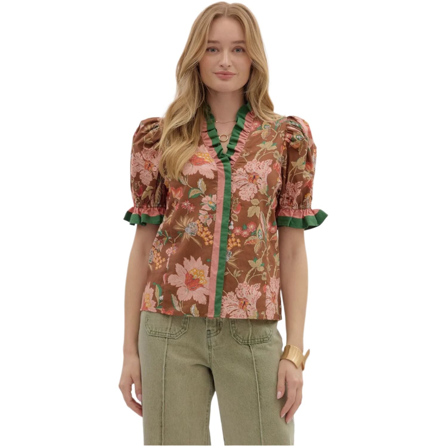 Women's Entro Floral Print Shoulder Puff Sleeve Blouse T27949 - Crazy House Western Wear