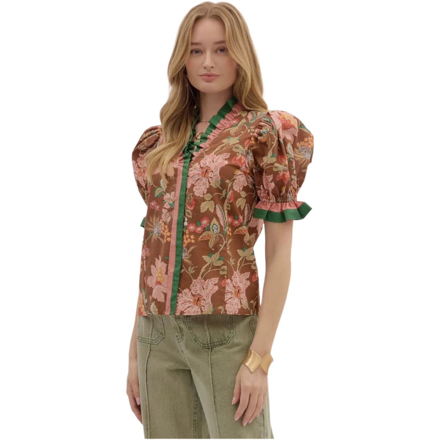 Women's Entro Floral Print Shoulder Puff Sleeve Blouse T27949 - Crazy House Western Wear