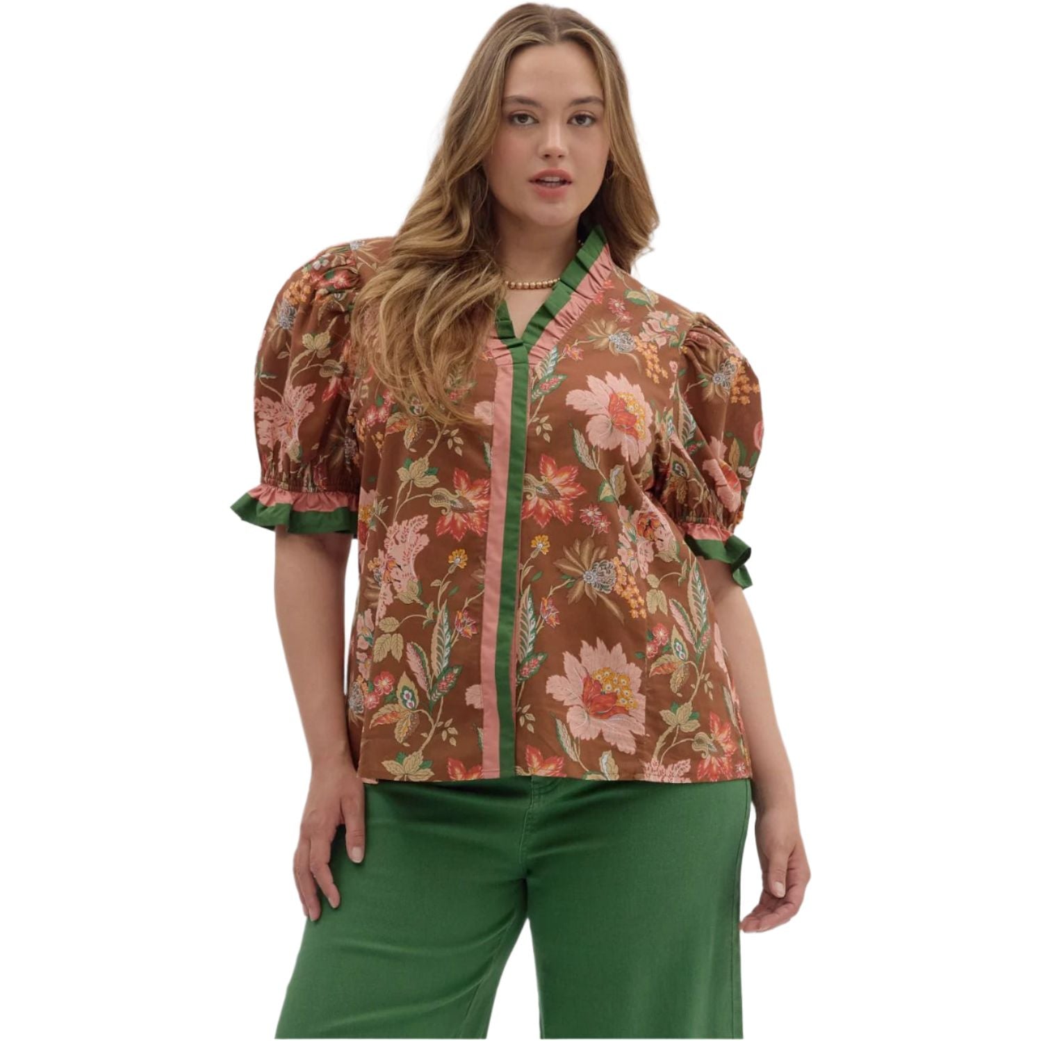 Women's Entro Floral Print Shoulder Puff Sleeve Top T27949P - Crazy House Western Wear