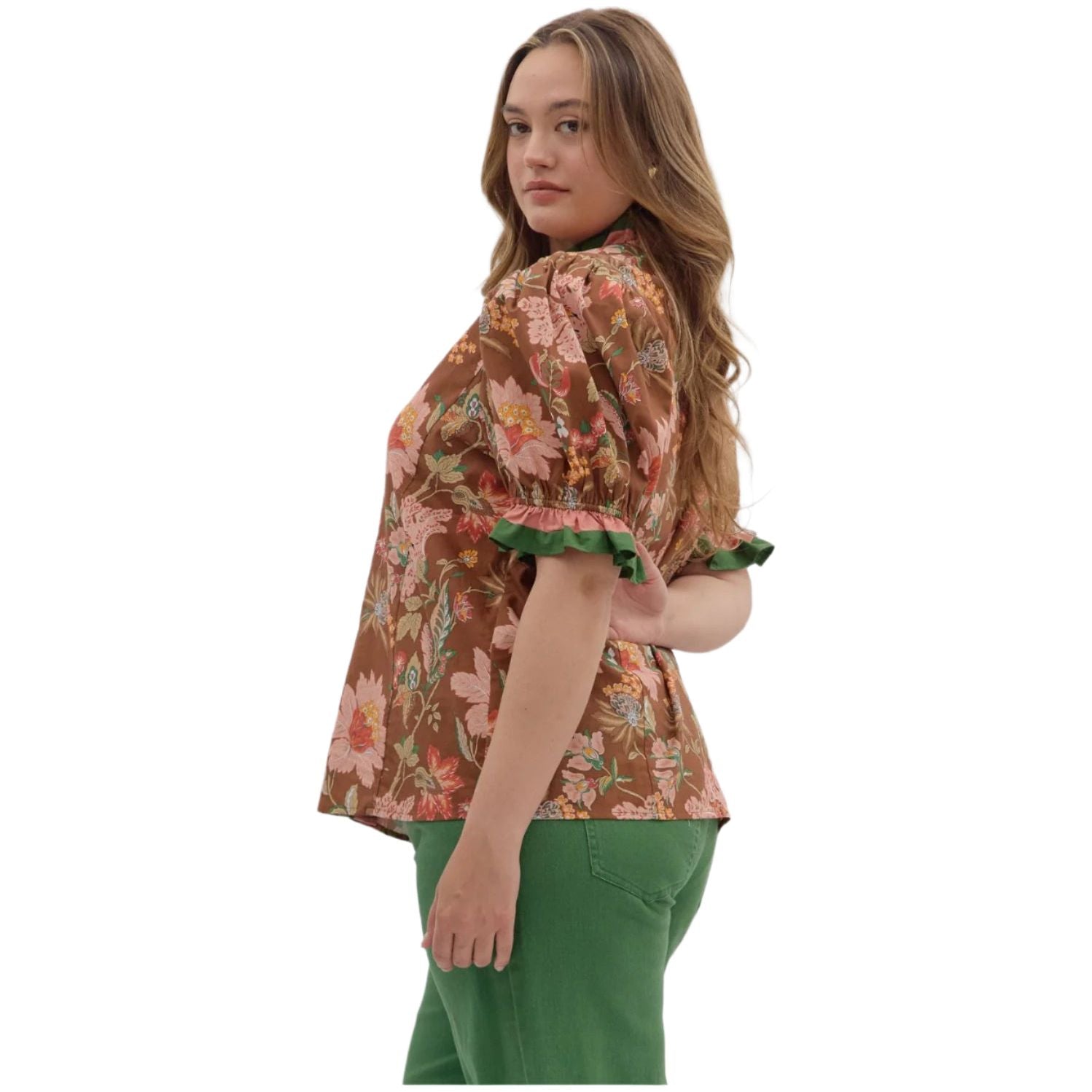 Women's Entro Floral Print Shoulder Puff Sleeve Top T27949P - Crazy House Western Wear