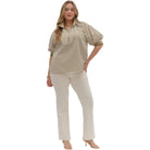 Women's Entro Stripe Patterned Half-Zip Short Puff Sleeve Top T28130P - Crazy House Western Wear