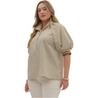 Women's Entro Stripe Patterned Half-Zip Short Puff Sleeve Top T28130P - Crazy House Western Wear