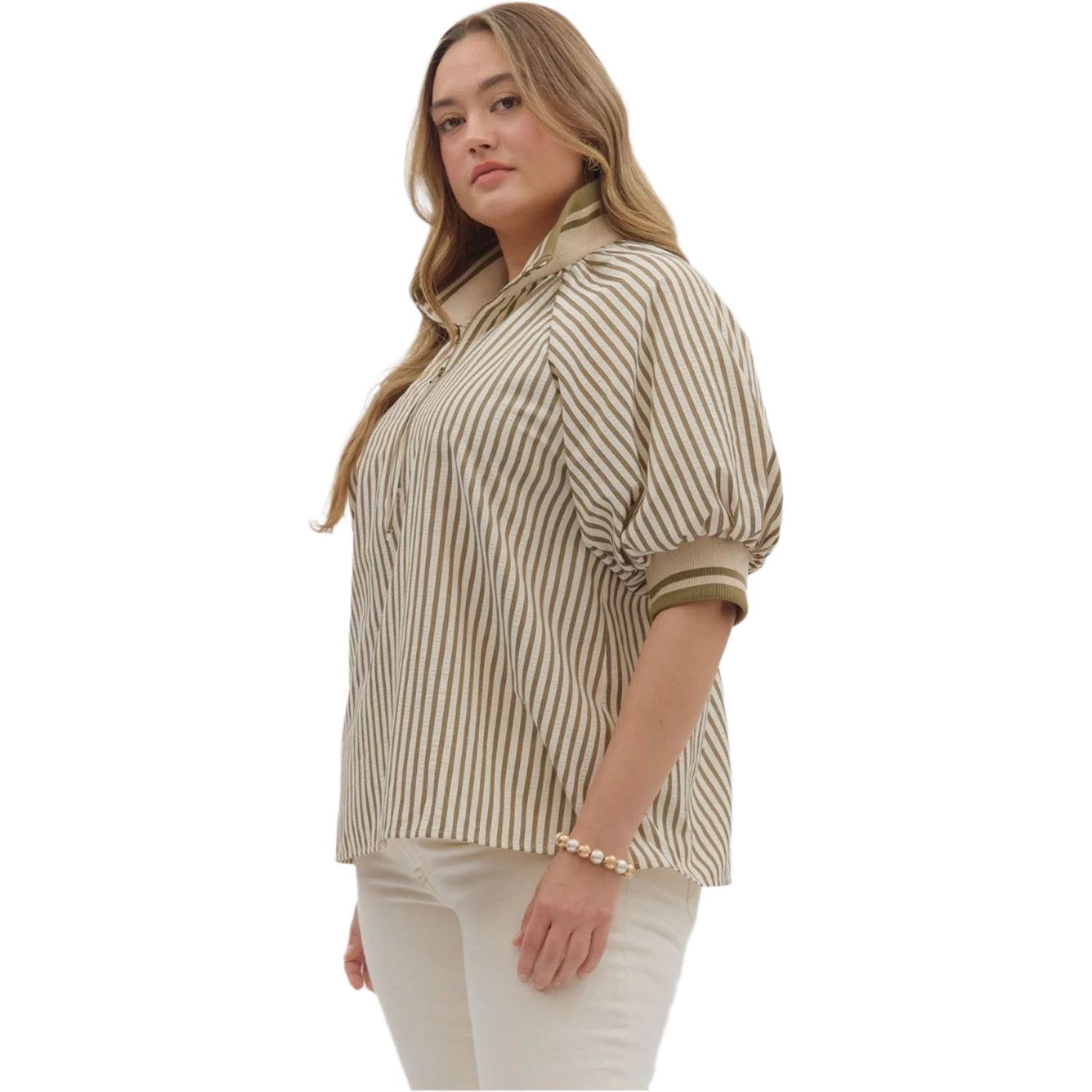 Women's Entro Stripe Patterned Half-Zip Short Puff Sleeve Top T28130P - Crazy House Western Wear