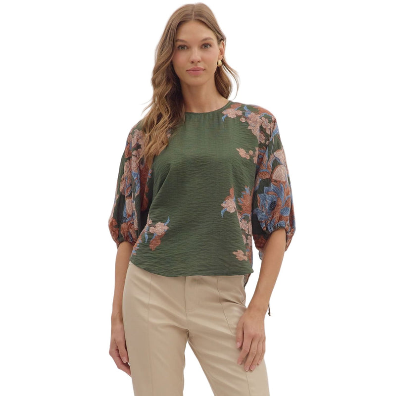Women's Entro Olive Green 3/4 Puff Sleeve Blouse T28544