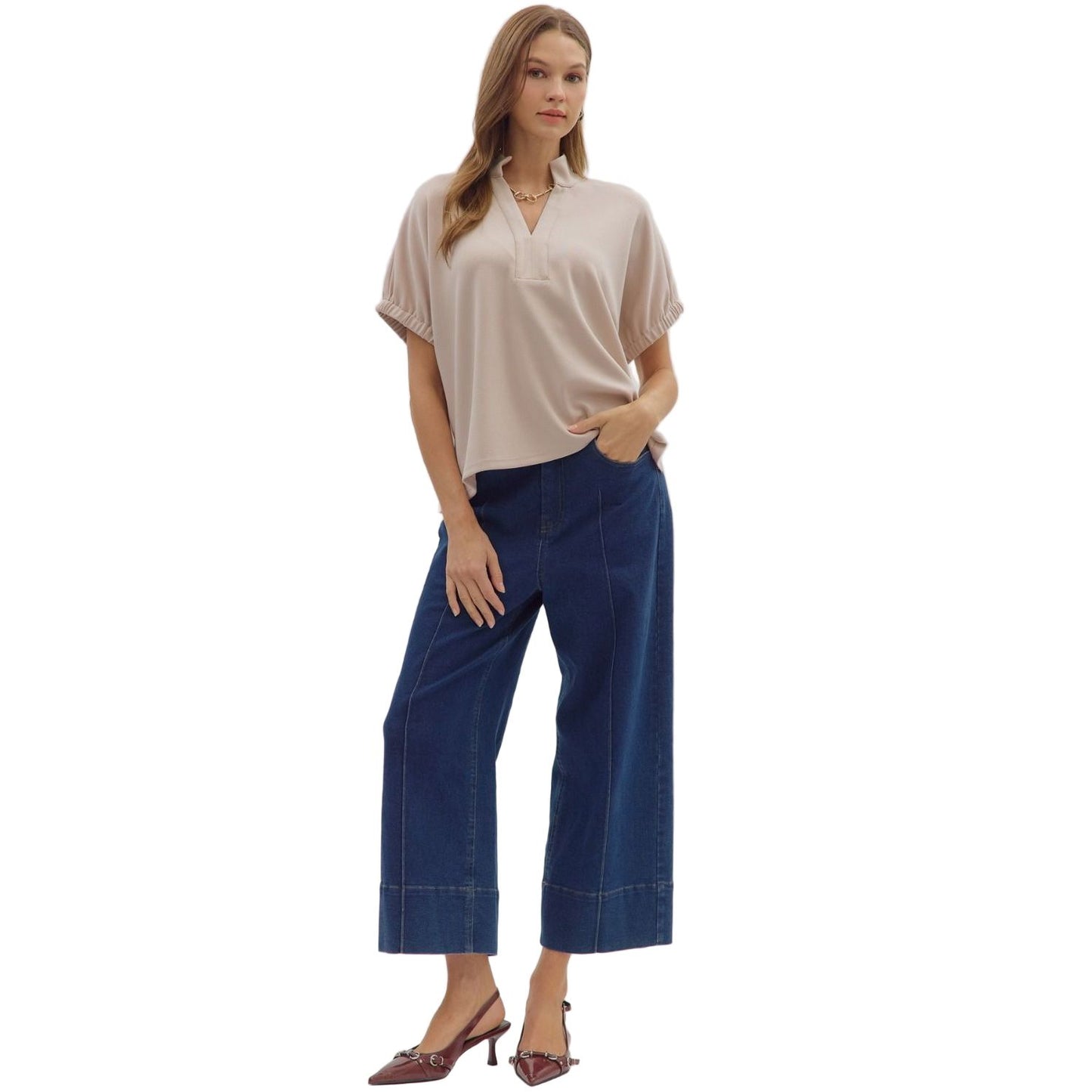 Women's Entro Solid Short Sleeve V-neck Top T28724