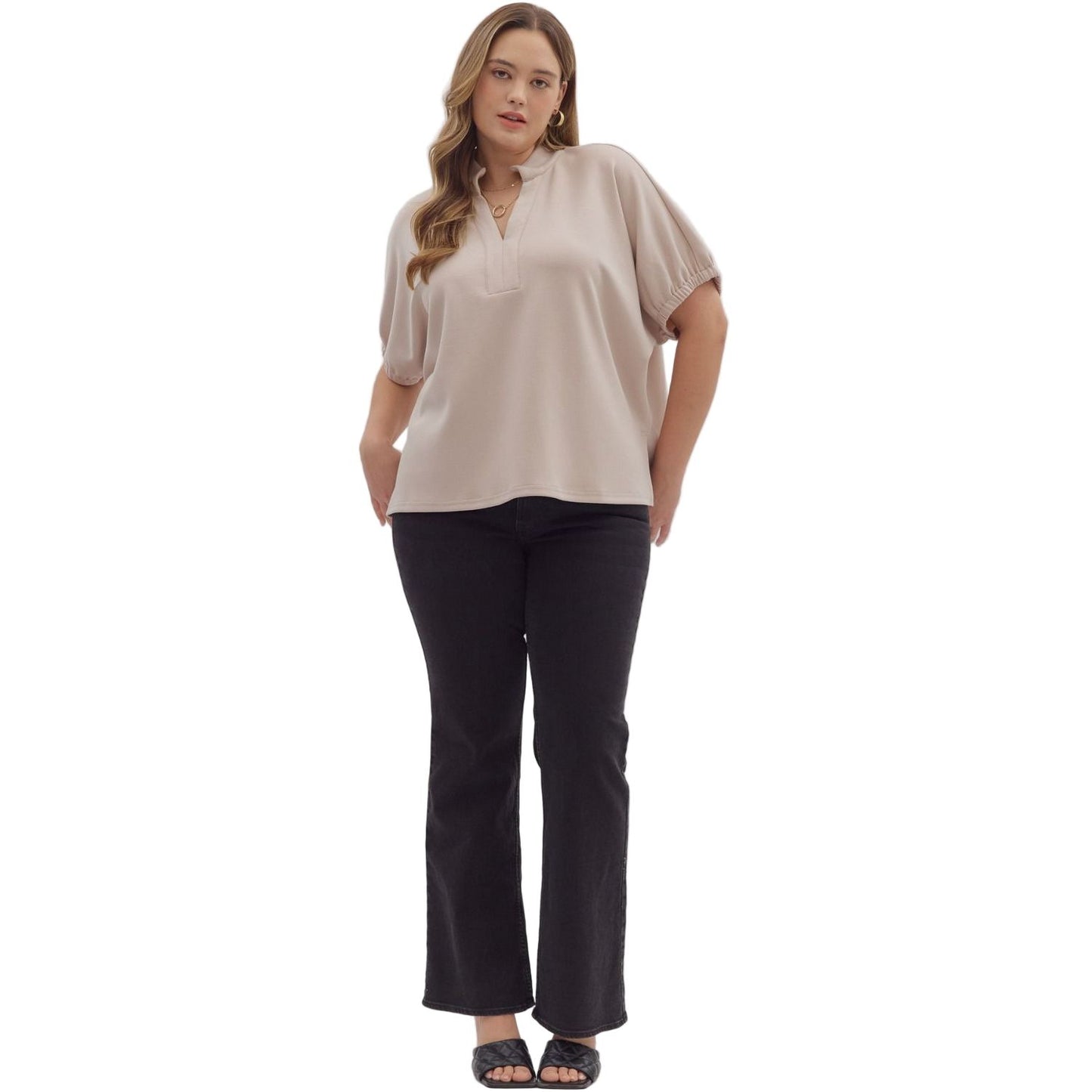 Women's Entro Almond Solid Short Sleeve V-neck Top