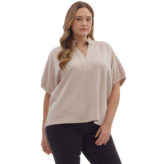 Women's Entro Almond Solid Short Sleeve V-neck Top