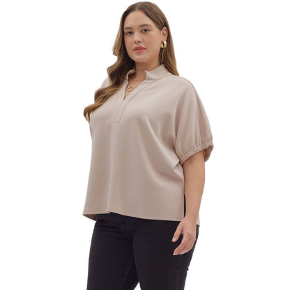 Women's Entro Almond Solid Short Sleeve V-neck Top