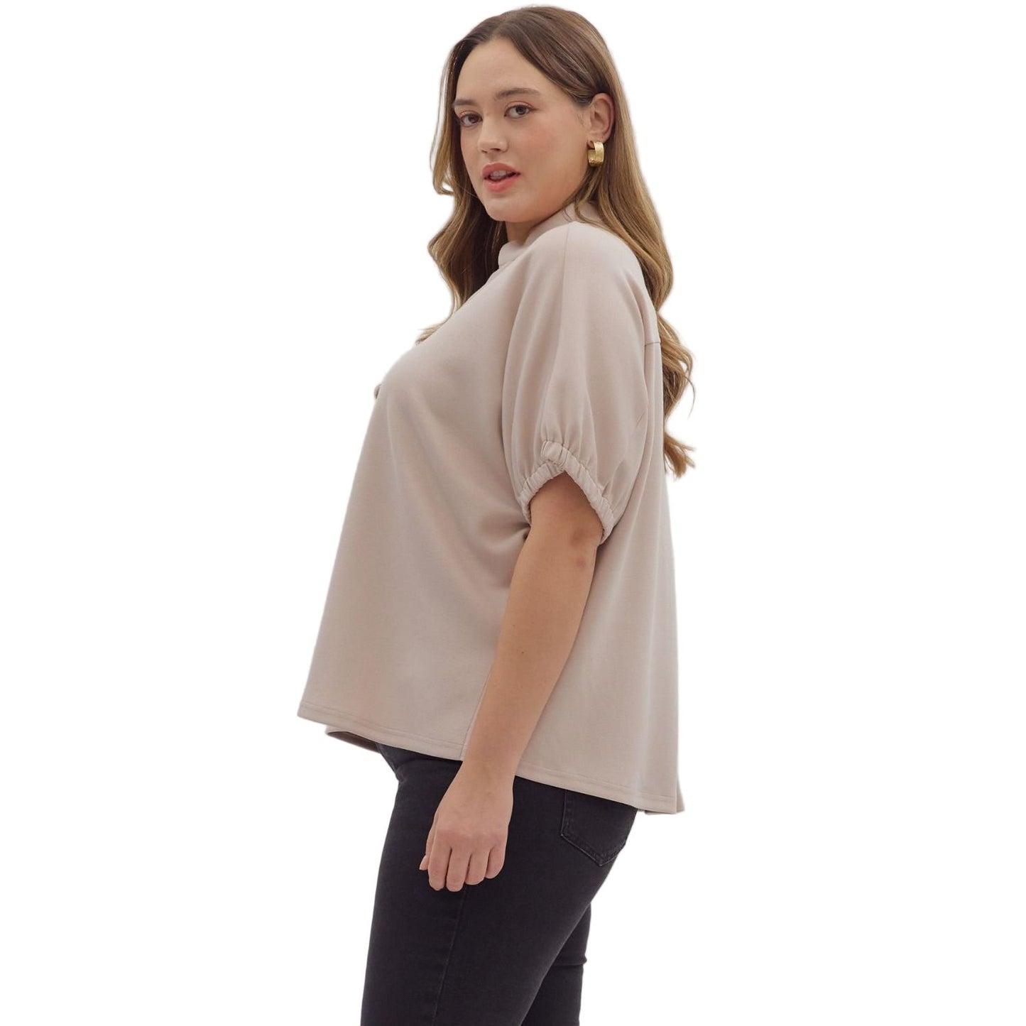 Women's Entro Almond Solid Short Sleeve V-neck Top