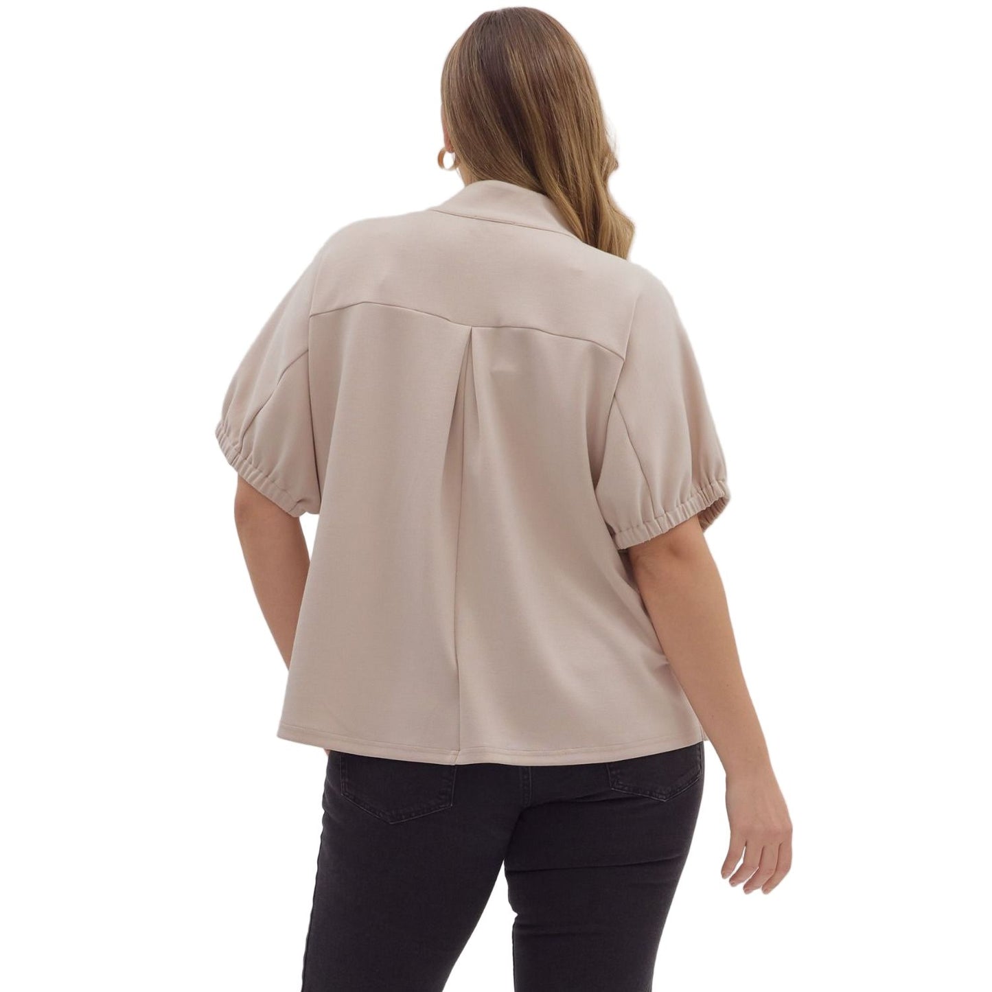 Women's Entro Almond Solid Short Sleeve V-neck Top