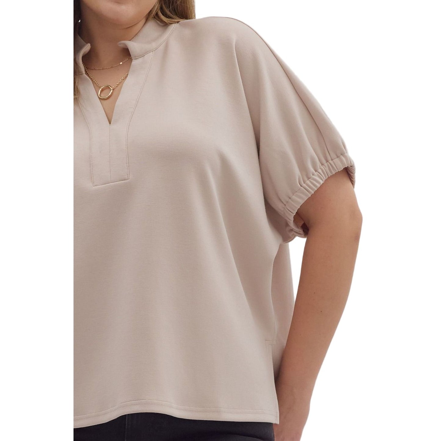 Women's Entro Almond Solid Short Sleeve V-neck Top