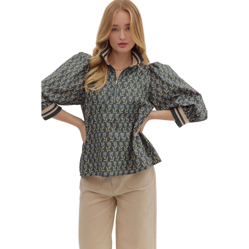 Women's Entro Floral Print 3/4 Puff Sleeve Top 