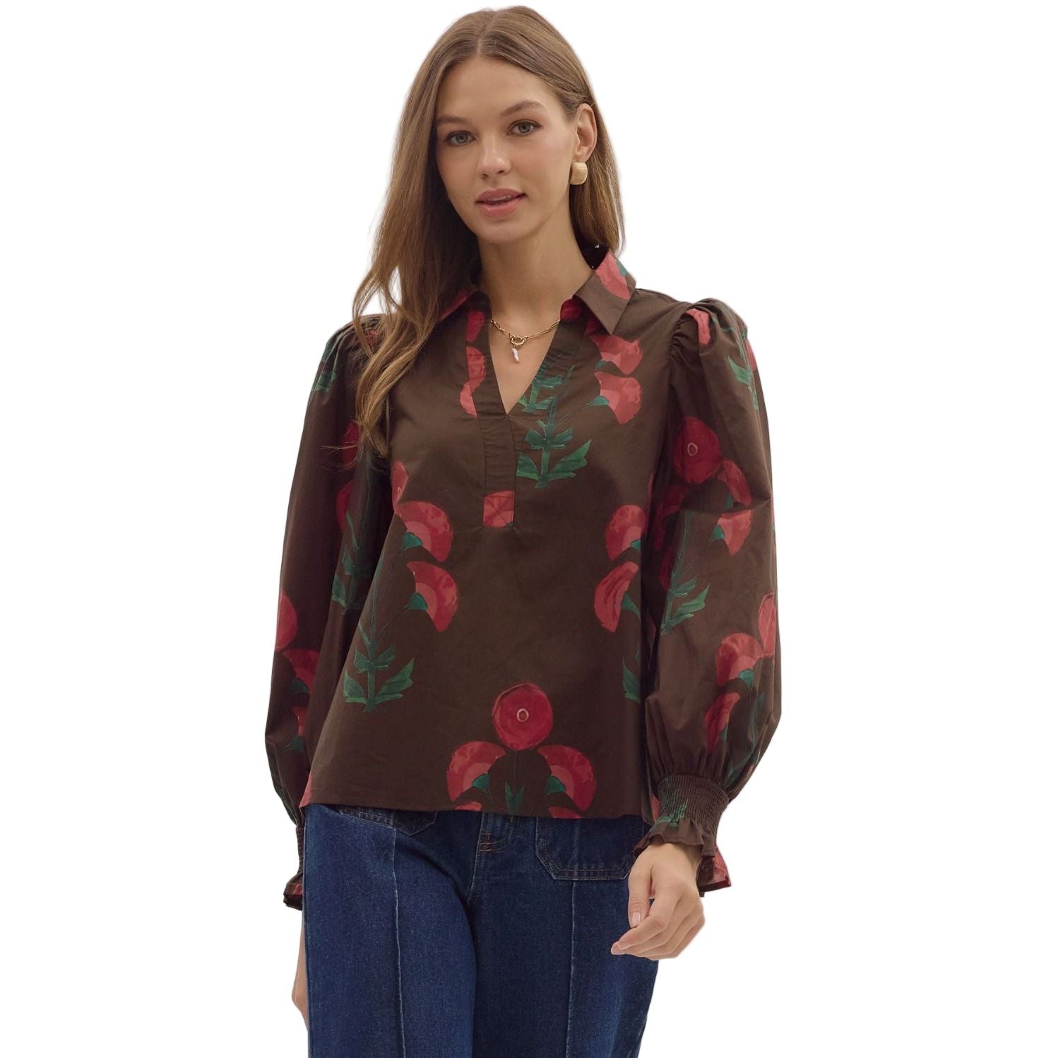 Women's Entro Brown Floral Print Long Puff Sleeve Top T28839