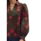 Women's Entro Brown Floral Print Long Puff Sleeve Top T28839