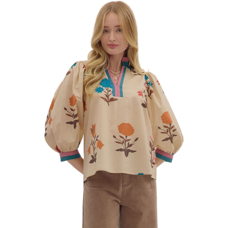 Women's Entro Floral Print 3/4 Puff Sleeve Blouse 