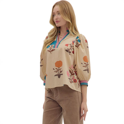 Women's Entro Floral Print 3/4 Puff Sleeve Blouse 