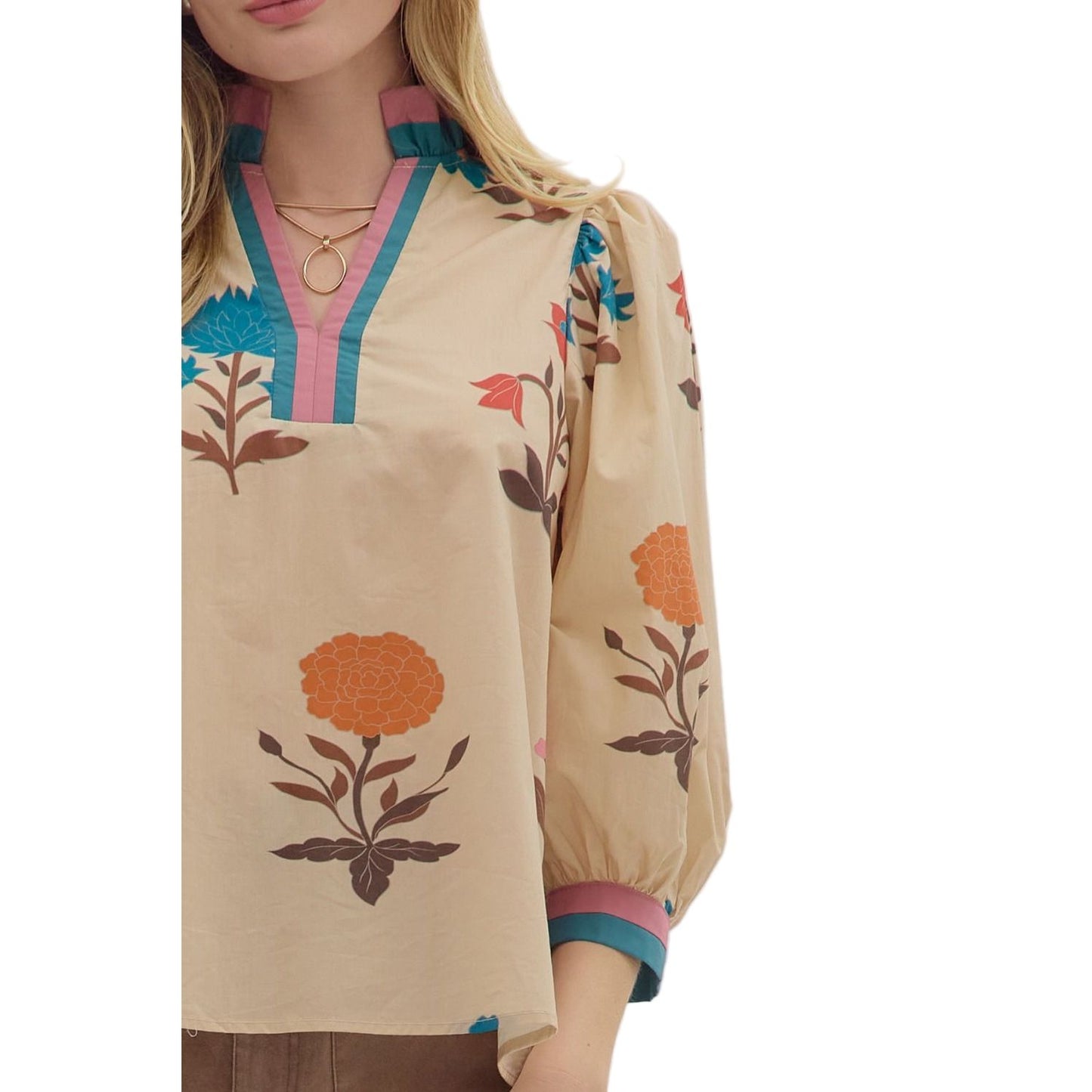 Women's Entro Floral Print 3/4 Puff Sleeve Blouse 