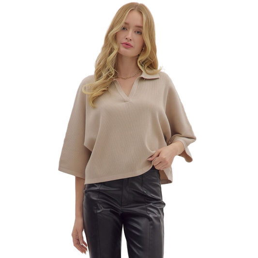 Women's Entro Stone Solid Sleeve Knit V-neck Top 