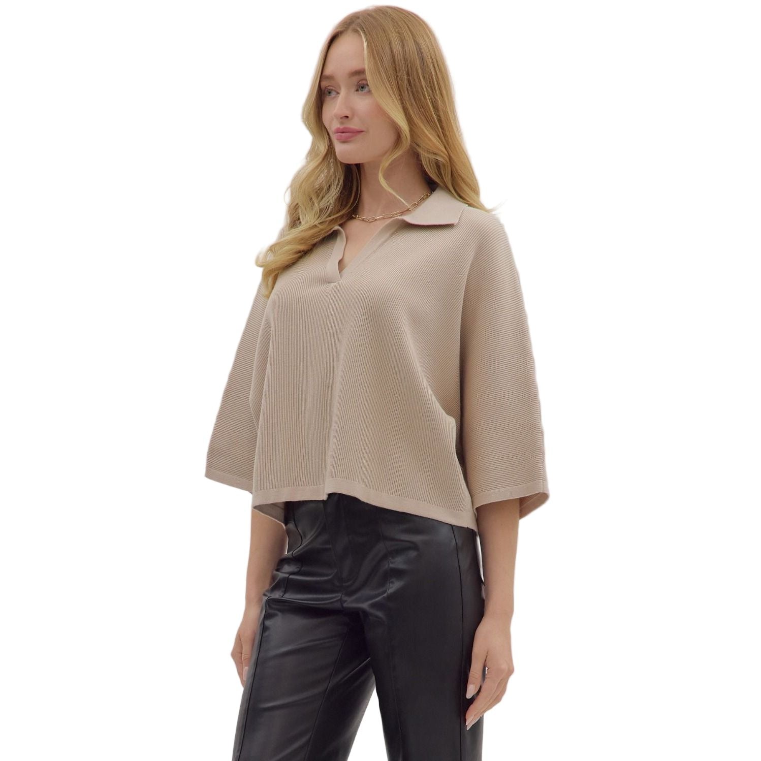 Women's Entro Stone Solid Sleeve Knit V-neck Top 