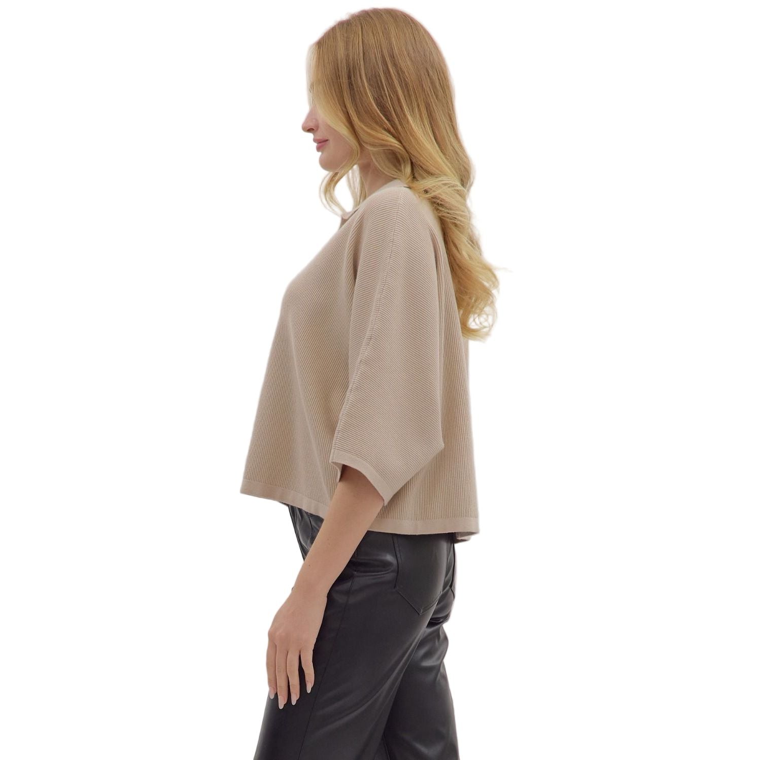 Women's Entro Stone Solid Sleeve Knit V-neck Top 