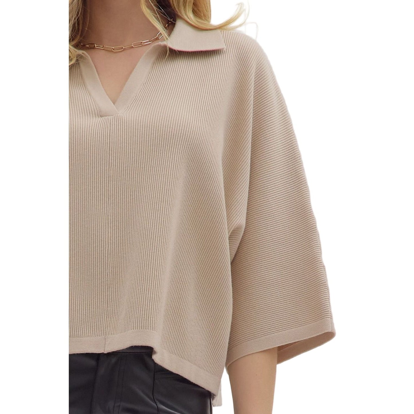 Women's Entro Stone Solid Sleeve Knit V-neck Top 