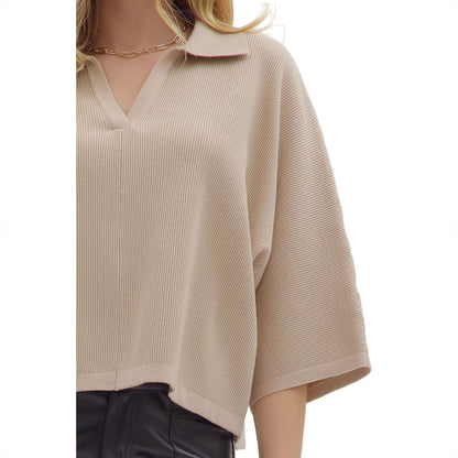 Women's Entro Stone Solid Sleeve Knit V-neck Top 