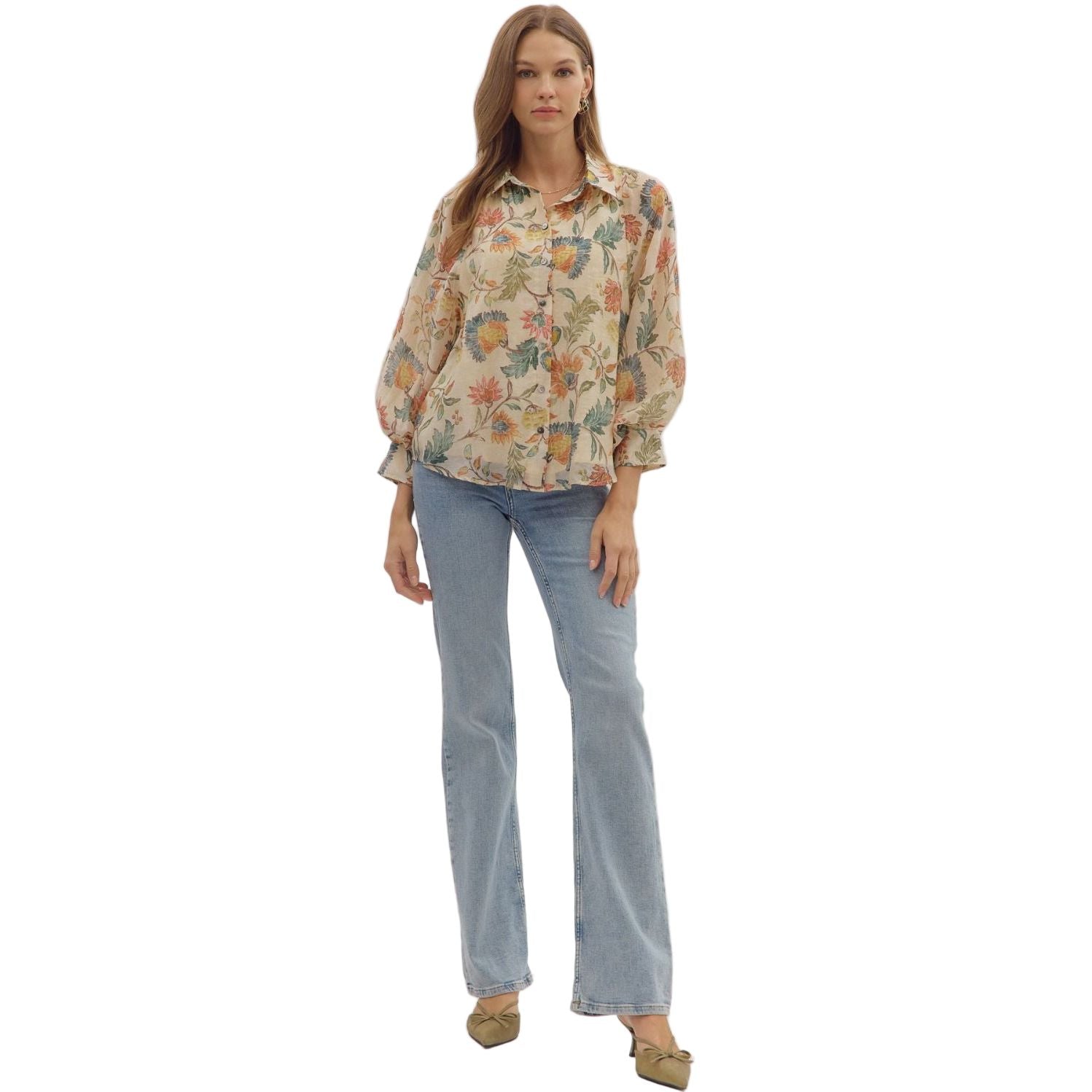 Women's Entro Floral Print 3/4 Sleeve Button Down Top T29041