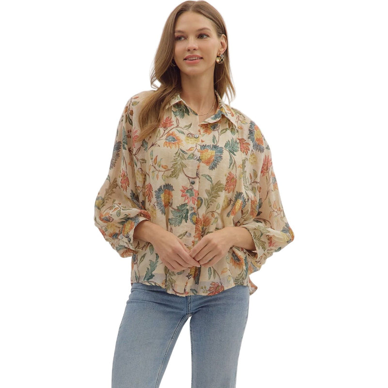 Women's Entro Floral Print 3/4 Sleeve Button Down Top T29041